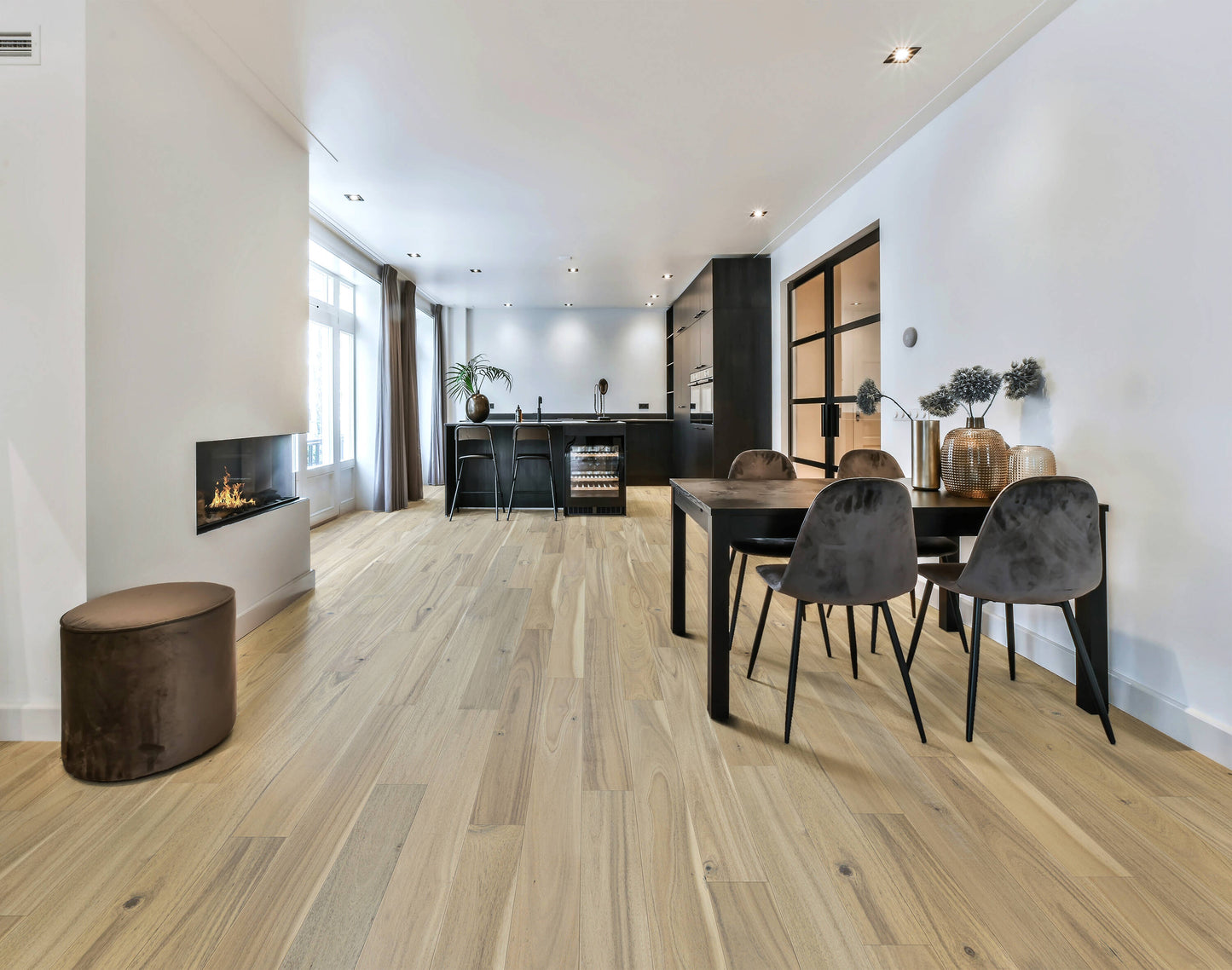 allen + roth Acacia Greystone hardwood flooring — installed room view