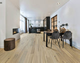allen + roth Acacia Greystone hardwood flooring — installed room view