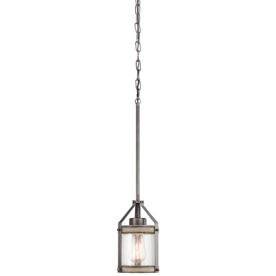 Kichler Barrington Distressed Black and Wood Rustic Seeded Glass Cylinder Pendant Light - Super Arbor