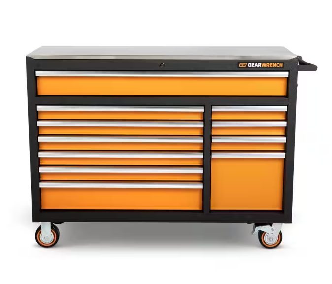 GSX 52 in. x 18 in. 11-Drawer Orange and Black Powder Coated Steel Rolling Tool Cabinet with Stainless Steel Worktop
