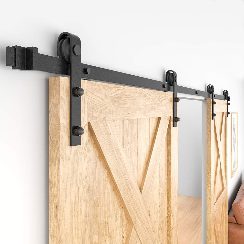 11 ft./132 in. Frosted Black Sliding Barn Door Hardware Track Kit for Double Doors with Non-Routed Floor Guide - Super Arbor