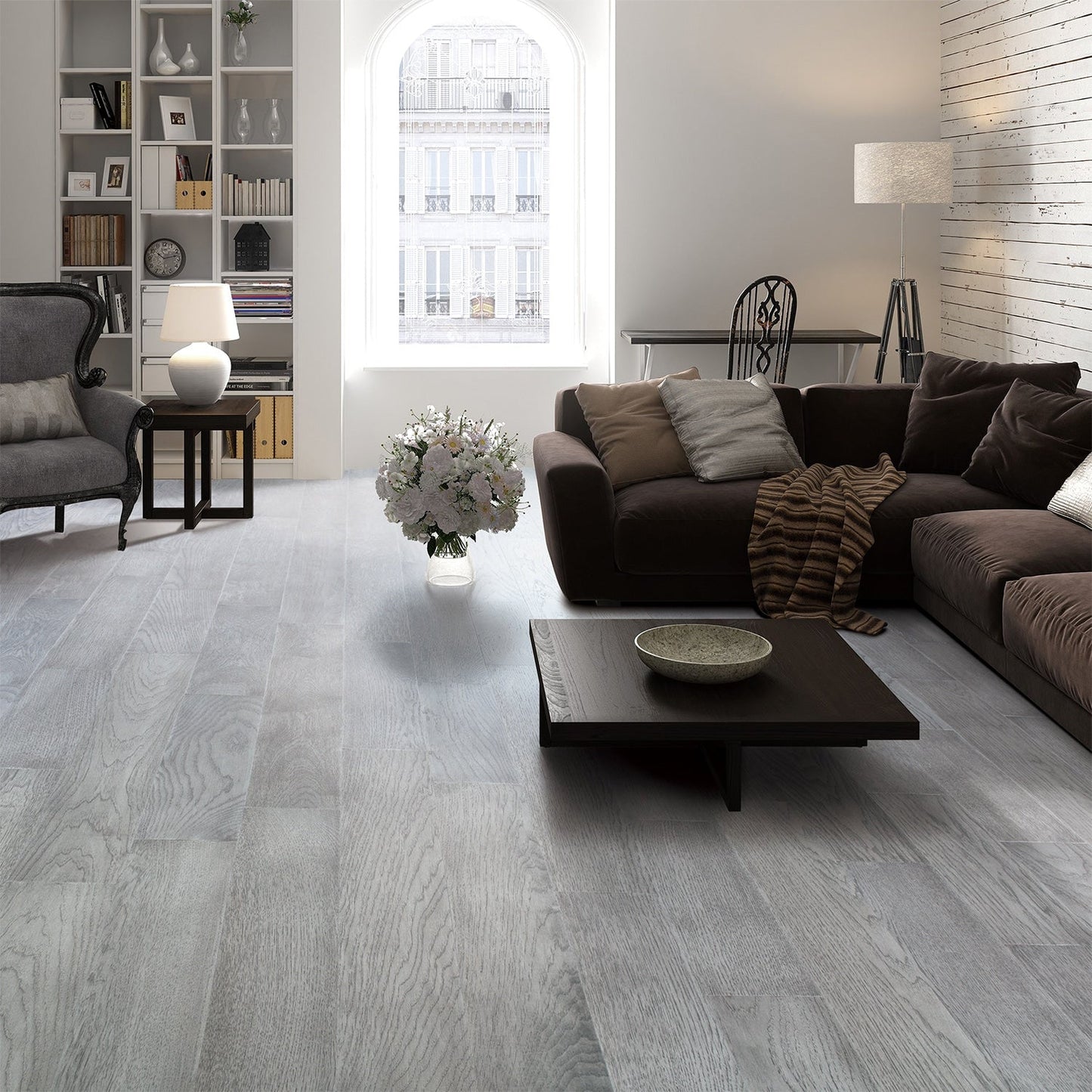 allen + roth Hickory Silverthorn hardwood flooring — carton and plank detail