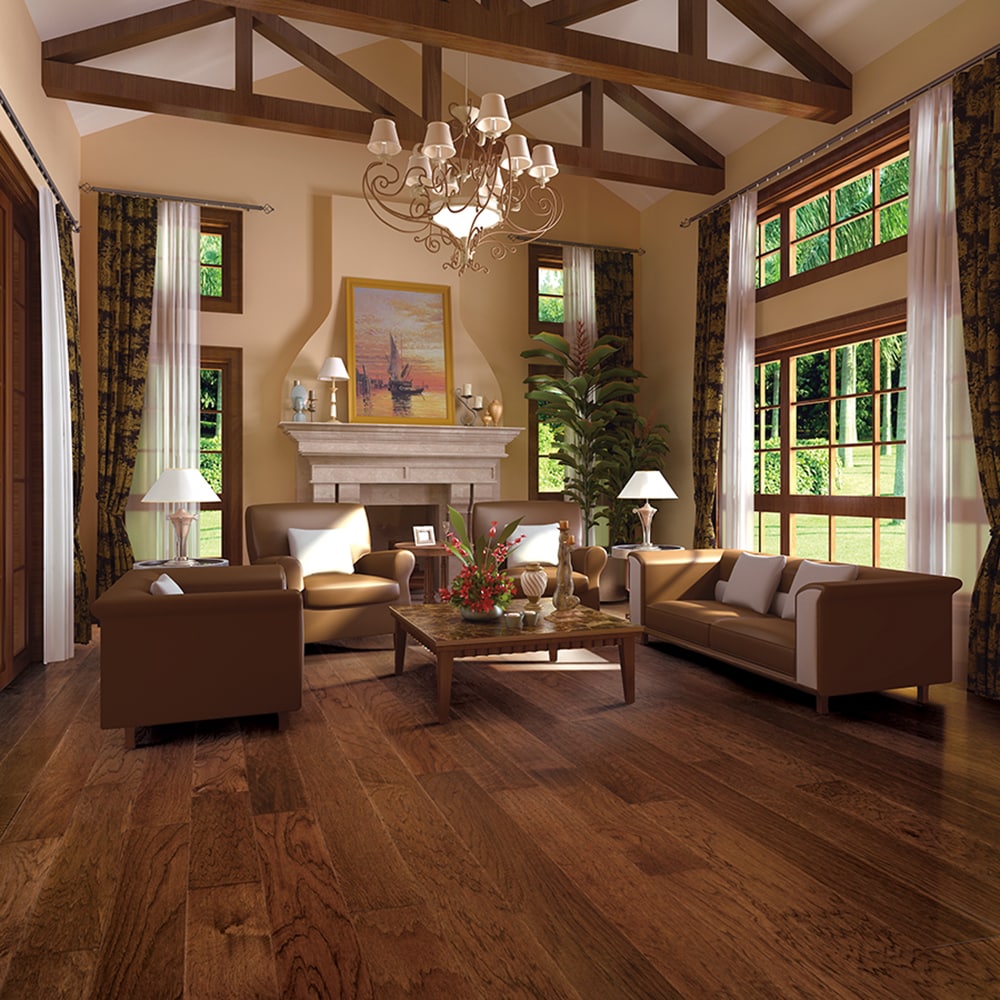 allen + roth Hickory Nutmeg hardwood flooring — carton and plank detail