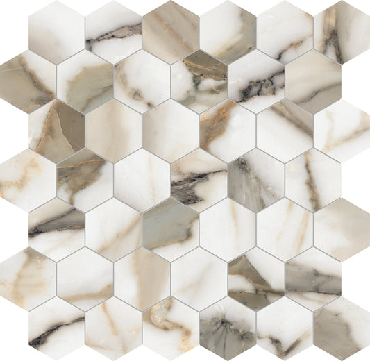 Satori Calacatta Dorado 12-in x 12-in Honed Porcelain Marble look Hexagon Mosaic Floor and Wall Tile product image