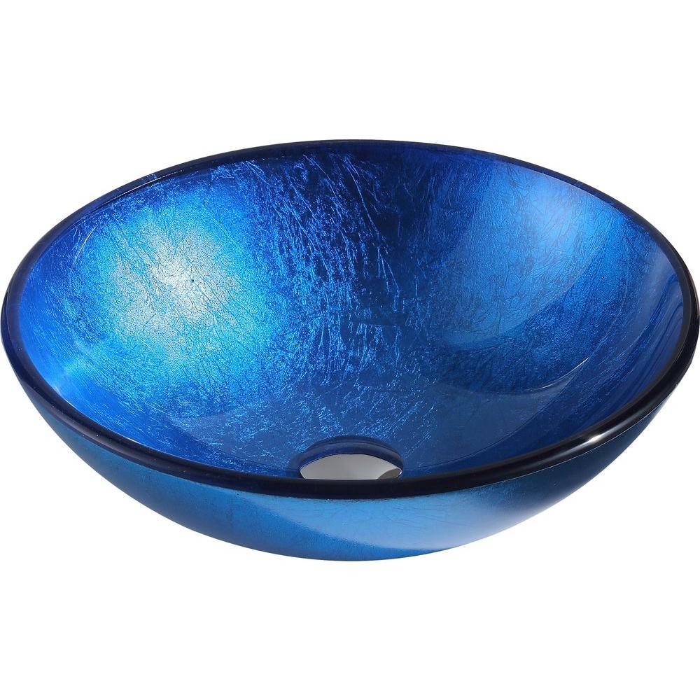 Clavier Series Deco-Glass Vessel Sink in Lustrous Blue with Key Faucet in Brushed Nickel - Super Arbor