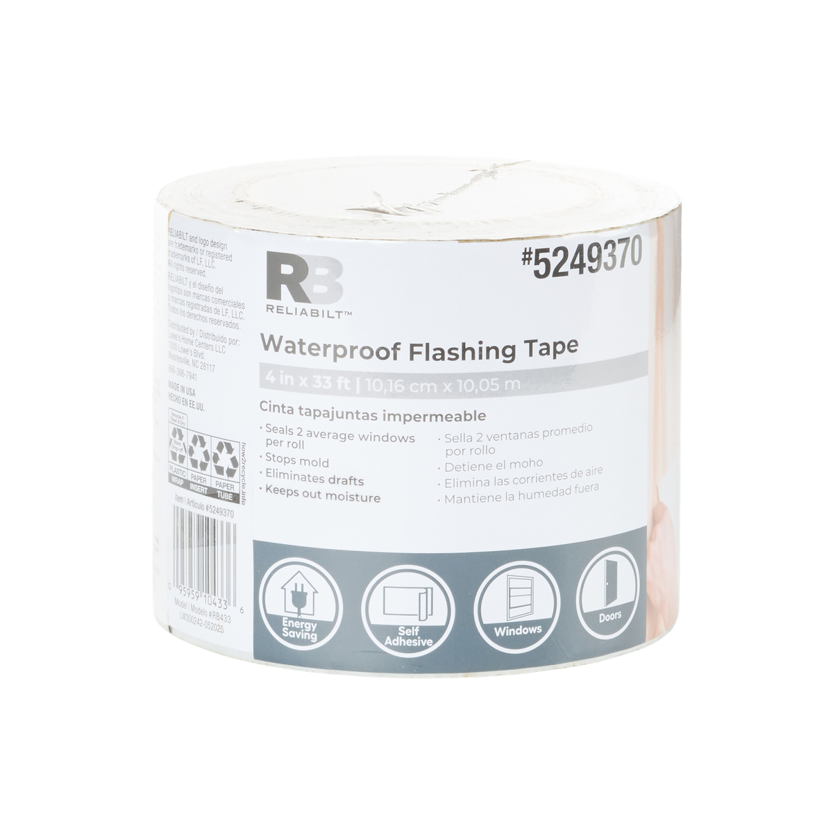RELIABILT Self-Adhesive Waterproof Flashing Tape, 4-in x 33-ft, Silver Rubberized Asphalt Roll (RB433)