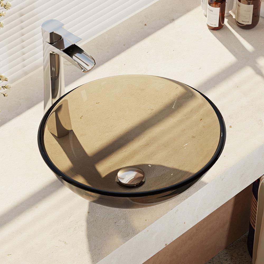 Glass Vessel Sink in Crystal with R9-7007 Faucet and Pop-Up Drain in Chrome - Super Arbor