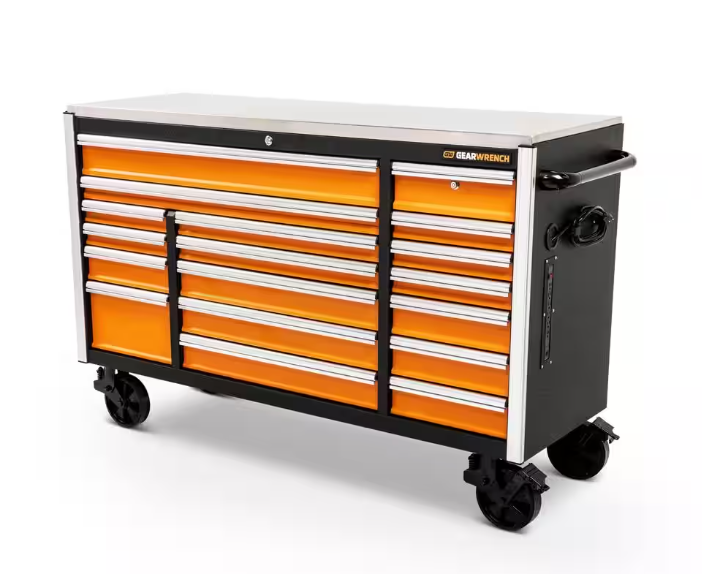 GSX 72 in. x 25 in. 18-Drawer Orange and Black Rolling Mobile Workbench Cabinet with Stainless Steel Worktop