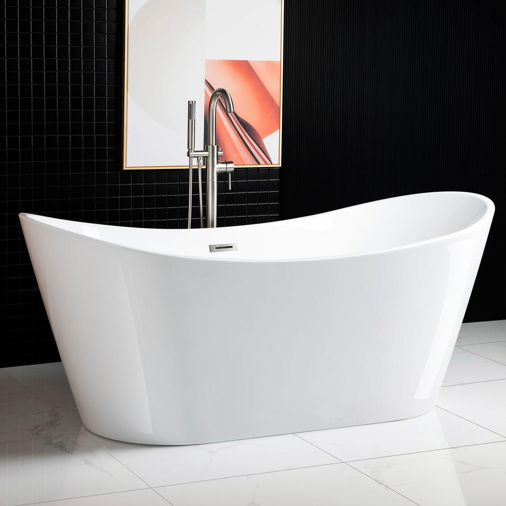 Oviedo 71 in. Acrylic Freestanding Double Slipper Flat Bottom Soaking Bathtub with Drain and Overflow Included in White - Super Arbor