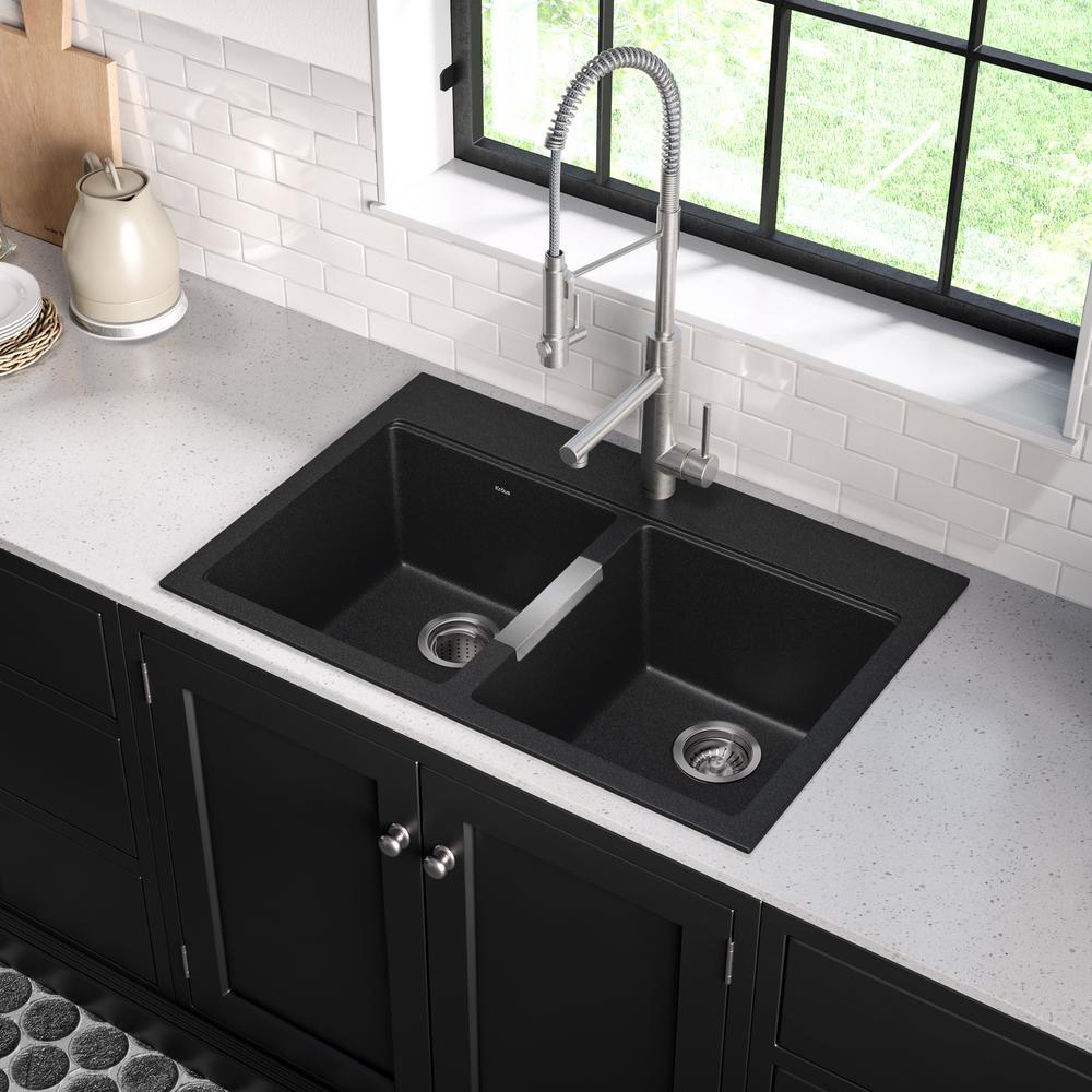 Drop-in/Undermount Granite Composite 33 in. 1-Hole 50/50 Double Basin Kitchen Sink Kit in Black Onyx - Super Arbor