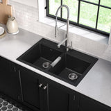 Drop-in/Undermount Granite Composite 33 in. 1-Hole 50/50 Double Basin Kitchen Sink Kit in Black Onyx - Super Arbor