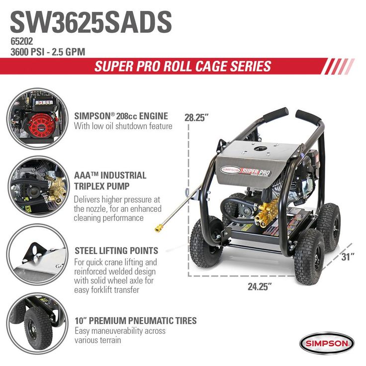 Simpson SuperPro Roll-Cage 3600 PSI at 2.5 GPM Simpson GB210 Cold Water Gas Pressure Washer