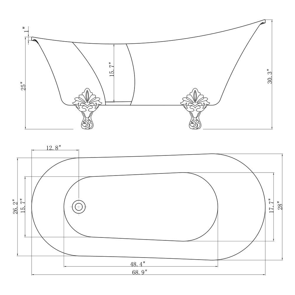 69 in. Acrylic Double Slipper Clawfoot Non-Whirlpool Bathtub in Matte Antique Brass - Super Arbor