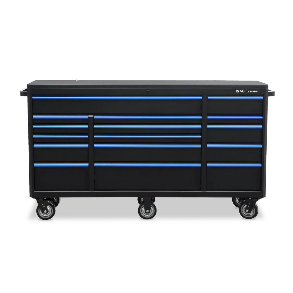 72 in. x 20 in. 16-Drawer Roller Cabinet Tool Chest with Power and USB Outlets in Black and Blue - Super Arbor