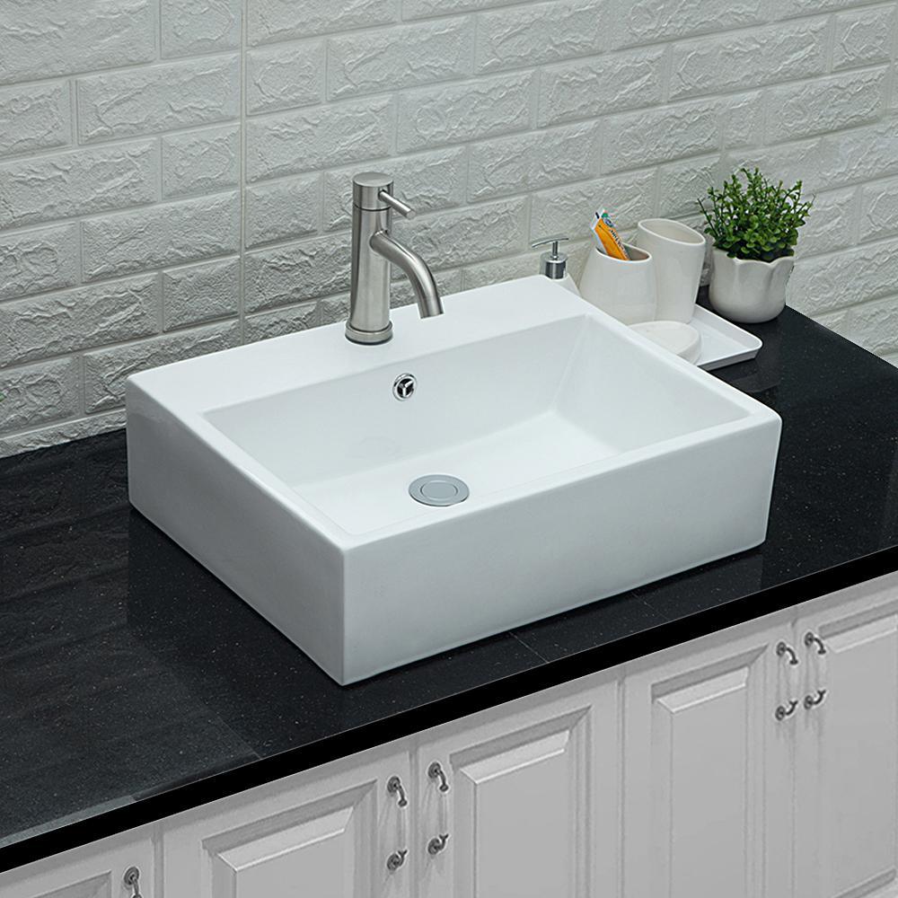Rectangle Ceramic Bathroom Vessel Sink in White with Faucet Hole - Super Arbor
