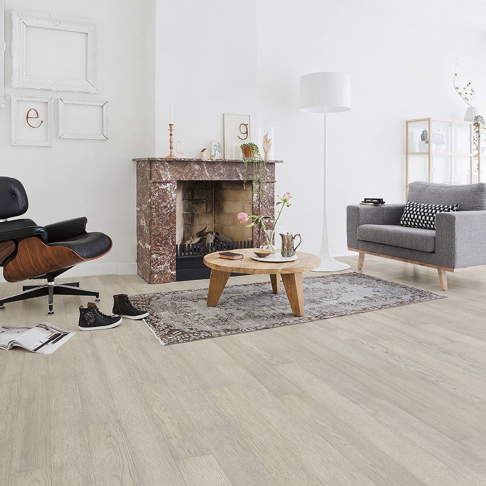 allen + roth Hickory Silverthorn hardwood flooring — lifestyle view