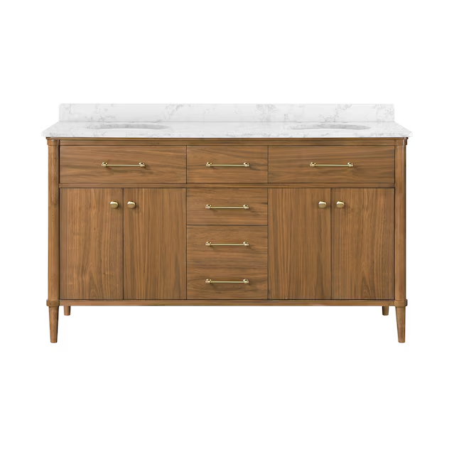 allen + roth Rian 60-in Walnut Undermount Double Sink Bathroom Vanity with White Engineered Stone Top