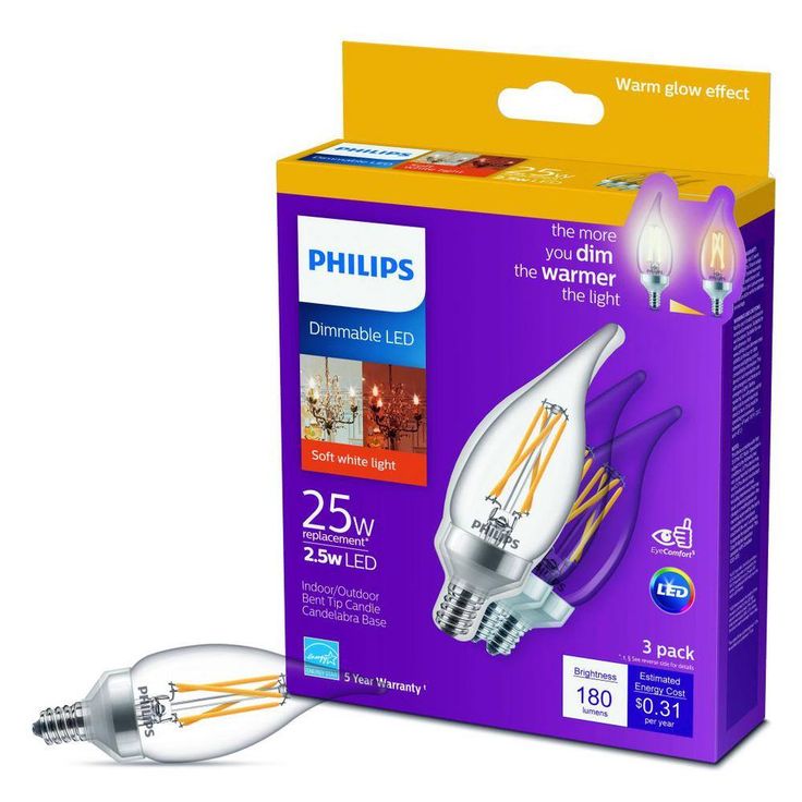 Philips 25-Watt Equivalent B11 Dimmable Warm Glow Dimming Effect LED Candle Light Bulb Bent Tip E12 Soft White (2700K) (12-Pack)