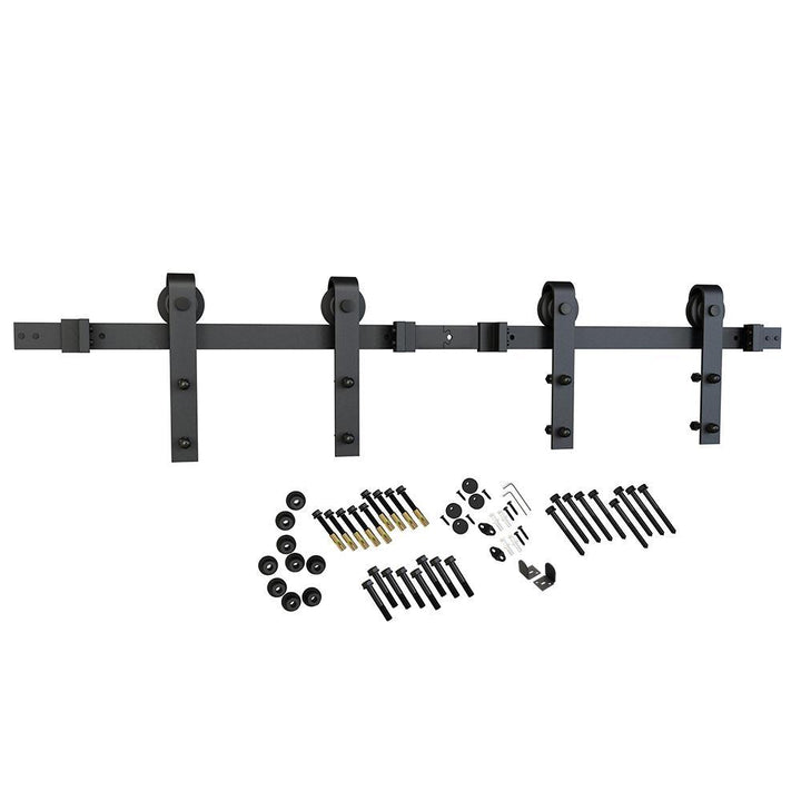 137.75 in. Black Solid Steel Barn Door Hardware Kit for Double Wood Doors with Adjustable Floor Guides (2-Piece Rails) - Super Arbor