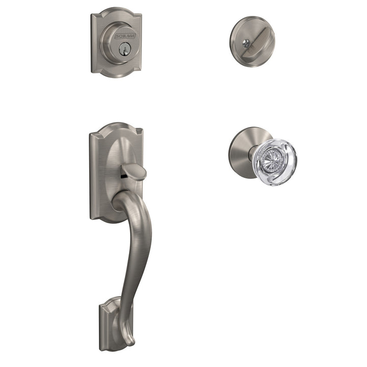 Custom Camelot Satin Nickel 3/4 Trim Single Cylinder Door Handleset with Hobson Glass Door Knob