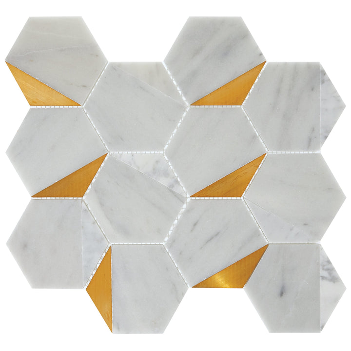 Daltile Lavaliere Alluring White/Brass 14-in x 15-in Honed Natural stone Marble Marble look Hexagon Mosaic Wall Tile product image