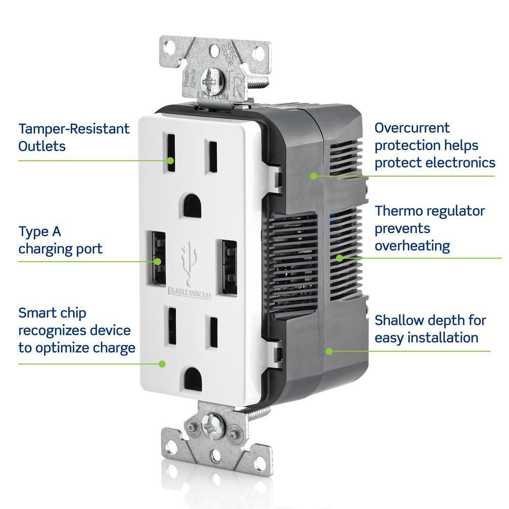3.6A USB Dual Type A In-Wall Charger with 15 Amp Tamper-Resistant Outlets, Ivory - Super Arbor