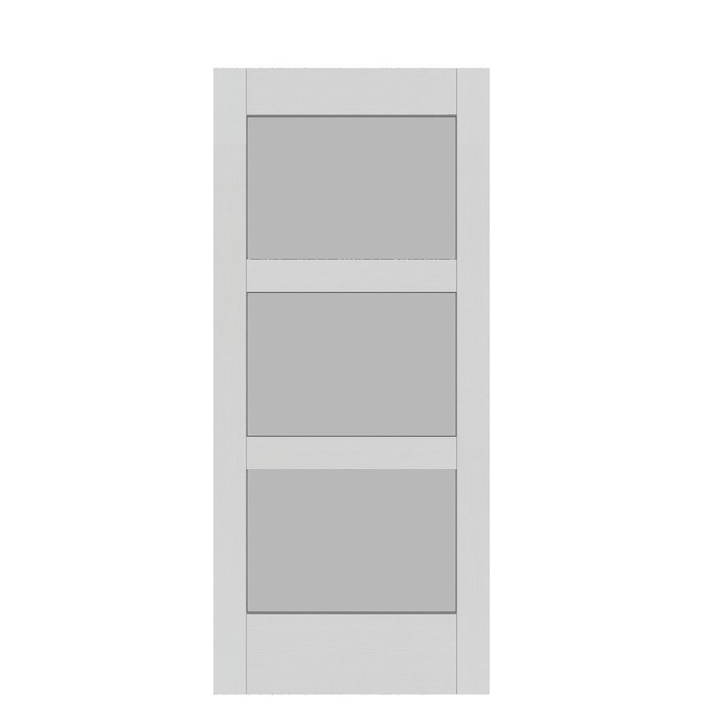 37 in. x 84 in. 3-Lite Full Frosted Glass White Vinyl Finish MDF Sliding Barn Door Slab - Super Arbor