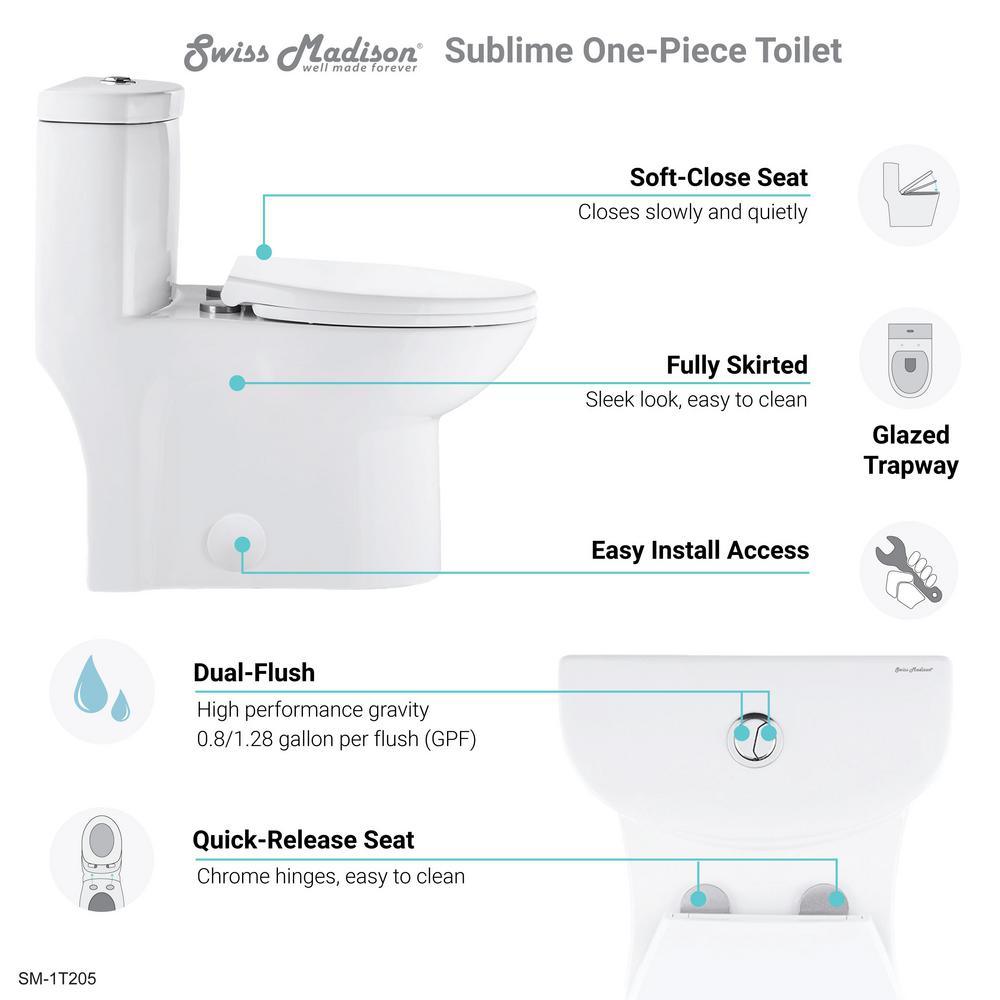 Sublime 1-Piece 0.8/1.28 GPF Dual Flush Elongated Toilet in White - Super Arbor