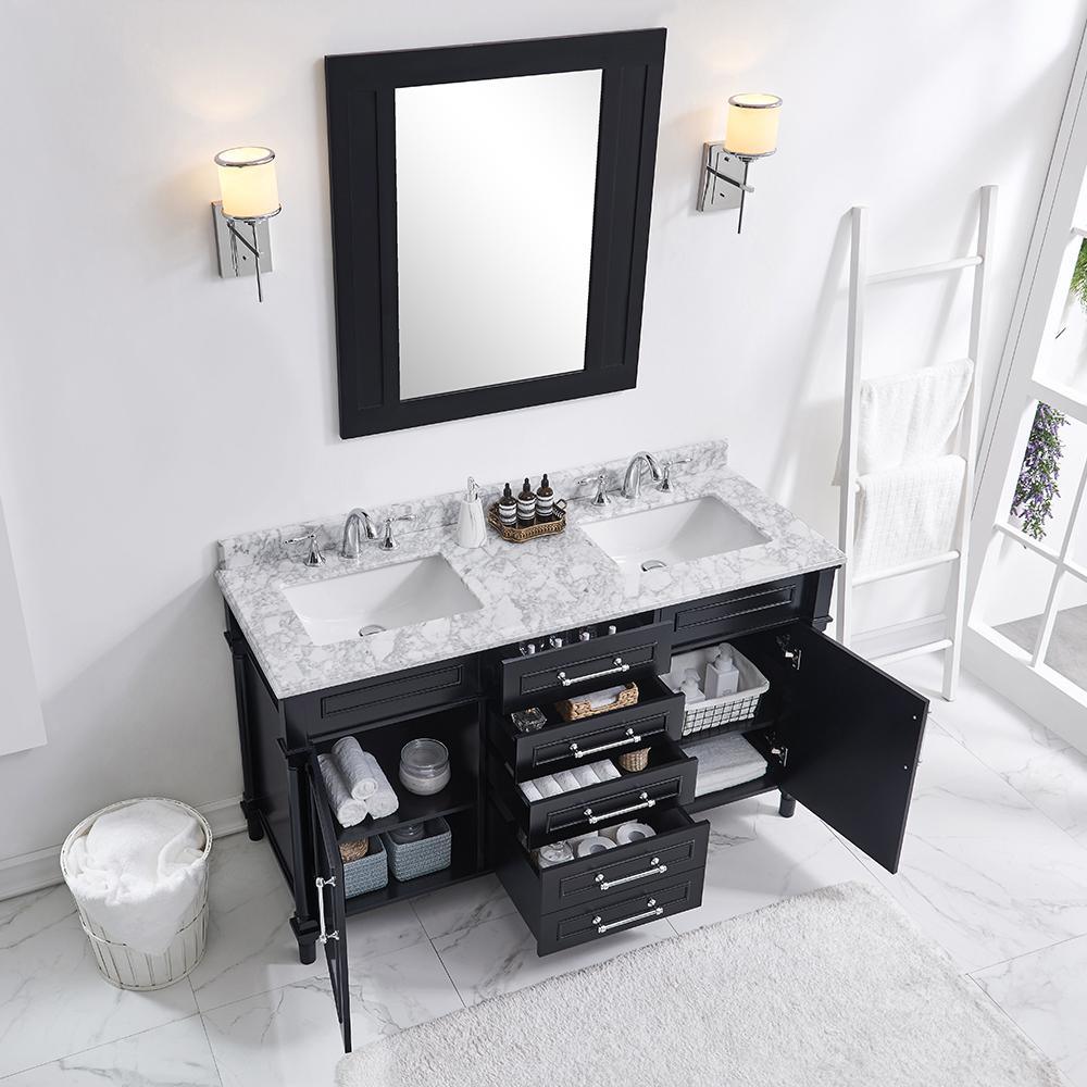 Aberdeen 60 in. W x 22 in. D Vanity in Black with Carrara Marble Top with White Sinks - Super Arbor