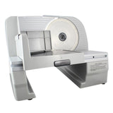 Premium Silver Electric Food Slicer with Tilted Food Carriage High Torque Motor Gear Drive with Stainless Steel Blade