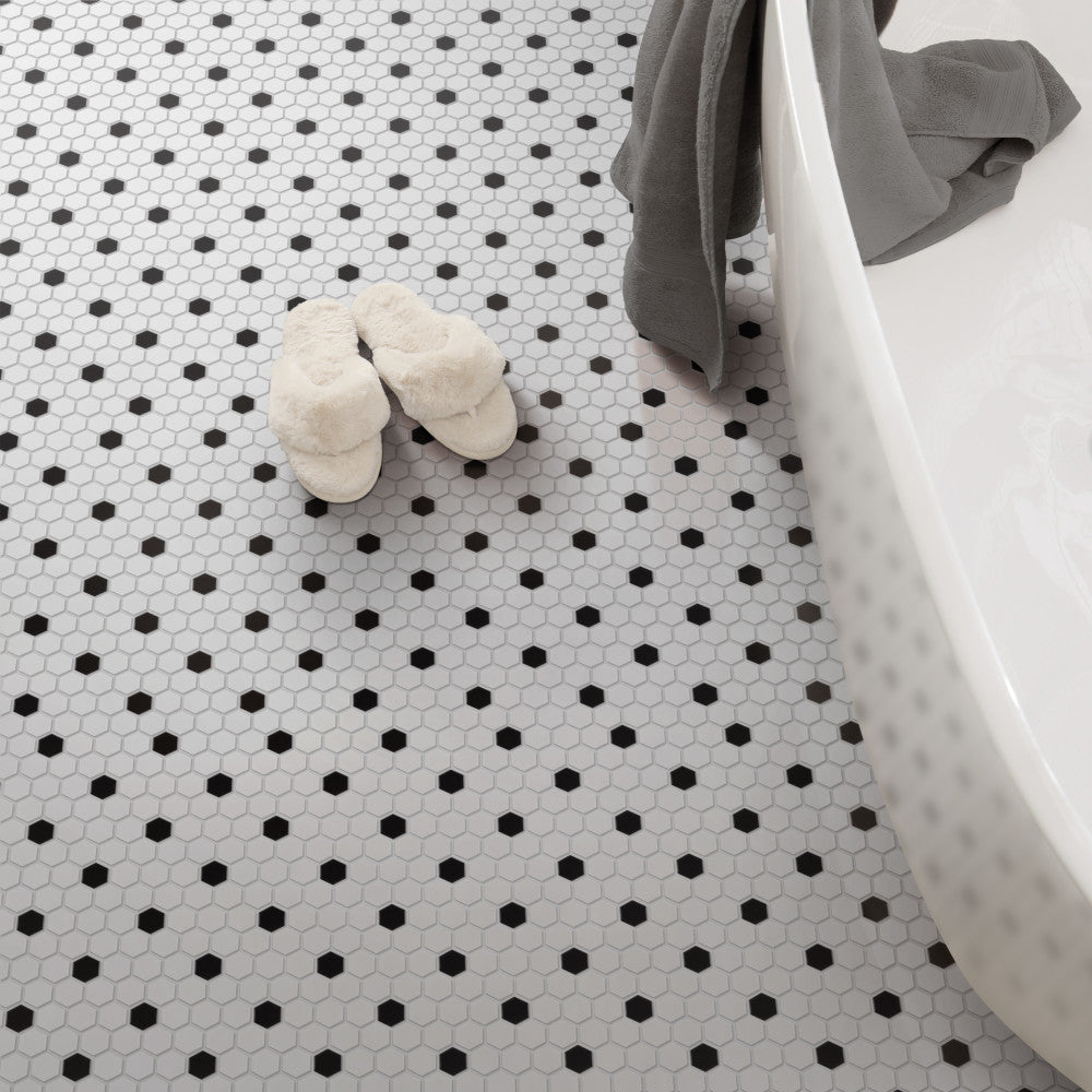 Merola Tile Madison Hex Matte 11-7/8 in. x 10-1/4 in. x 6mm Cool White with Black Dot Porcelain Mosaic Tile