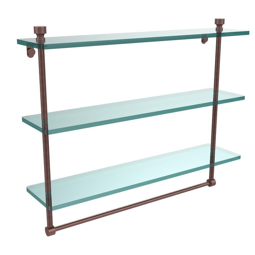 Foxtrot 22 in. L  x 18 in. H  x 5 in. W 3-Tier Clear Glass Bathroom Shelf with Towel Bar in Satin Nickel - Super Arbor