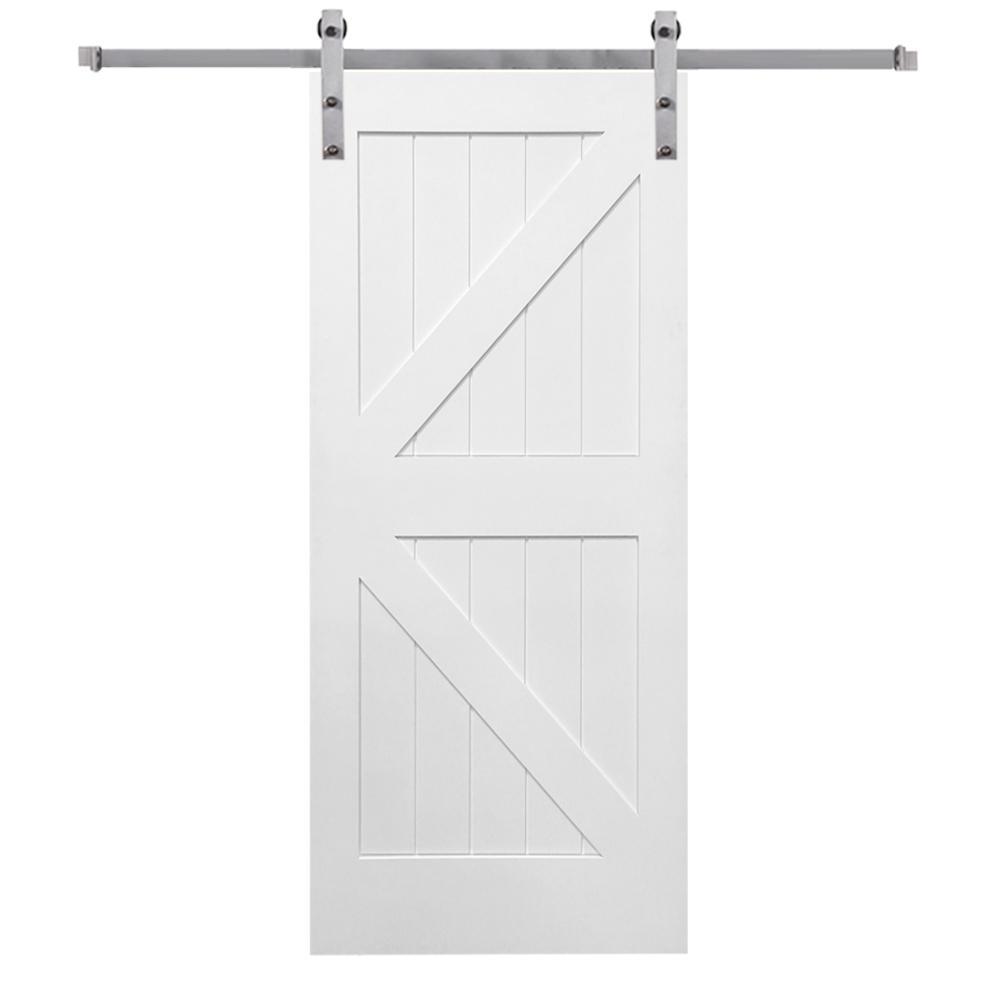 36 in. x 84 in. Primed Composite K-Plank Barn Door with Matte Black Hardware Kit - Super Arbor