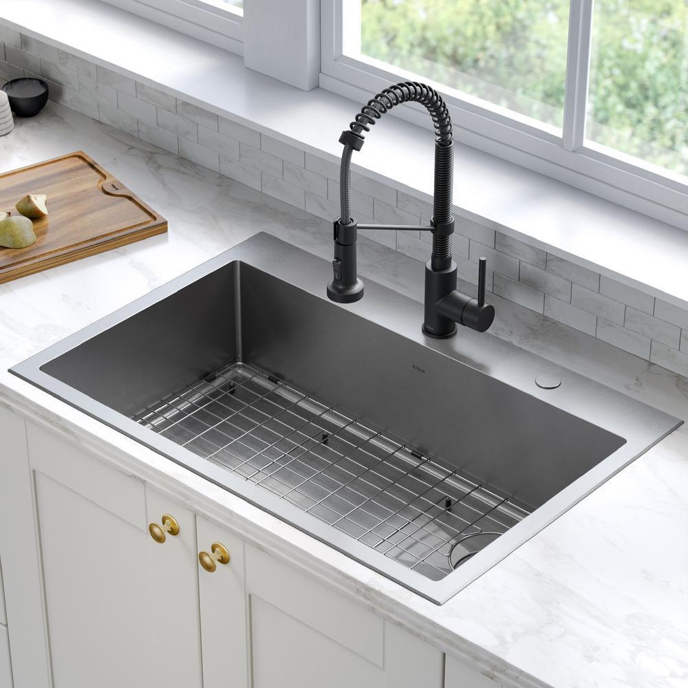Loften All-in-One Dual Mount Drop-In Stainless Steel 33in. Single Bowl Kitchen Sink with Pull Down Faucet in Matte Black - Super Arbor