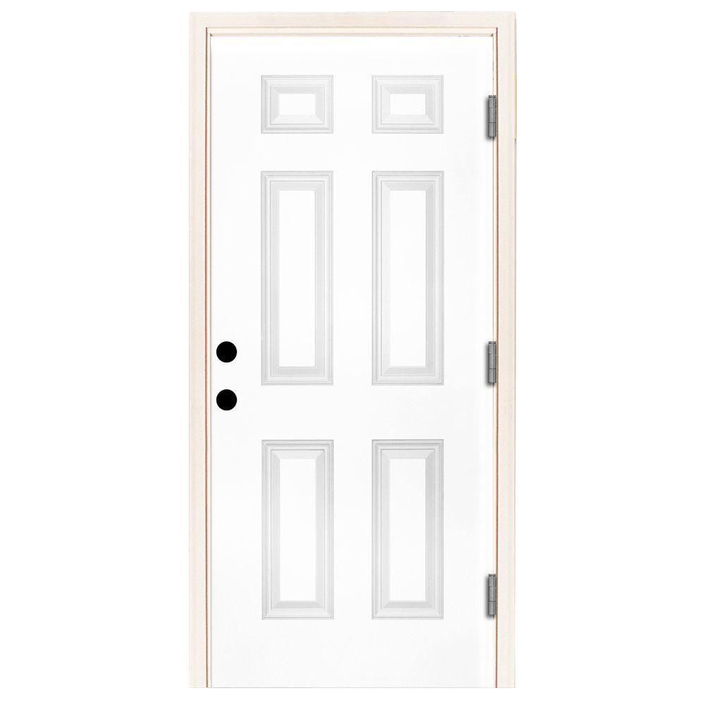 30 in. x 80 in. Premium 6-Panel Primed White Steel Prehung Front Door Left-Hand Outswing and 4 in. Wall - Super Arbor
