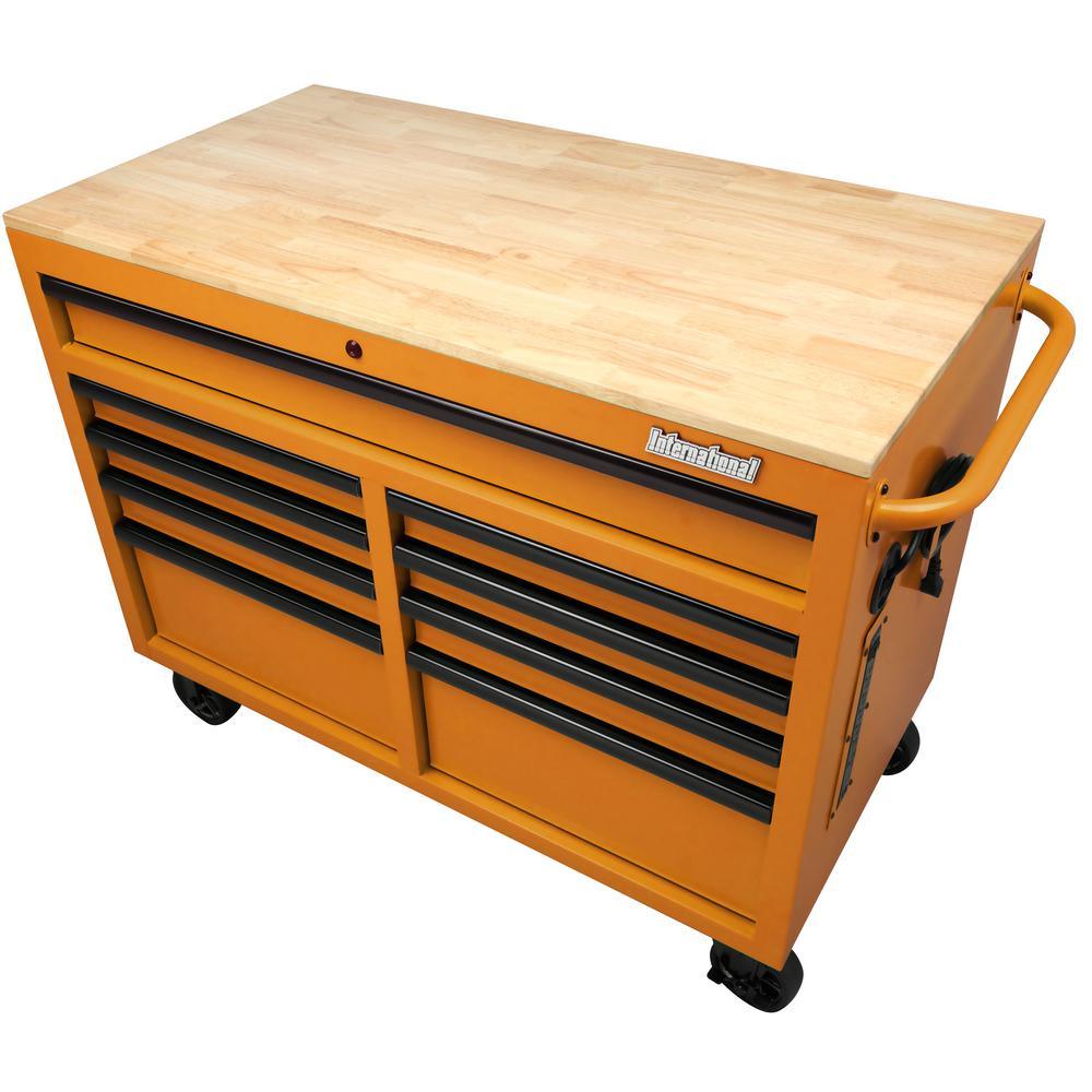 46 in. W x 24.5 in. D 9-Drawer Tool Chest Mobile Workbench with Solid Wood Top in Orange - Super Arbor