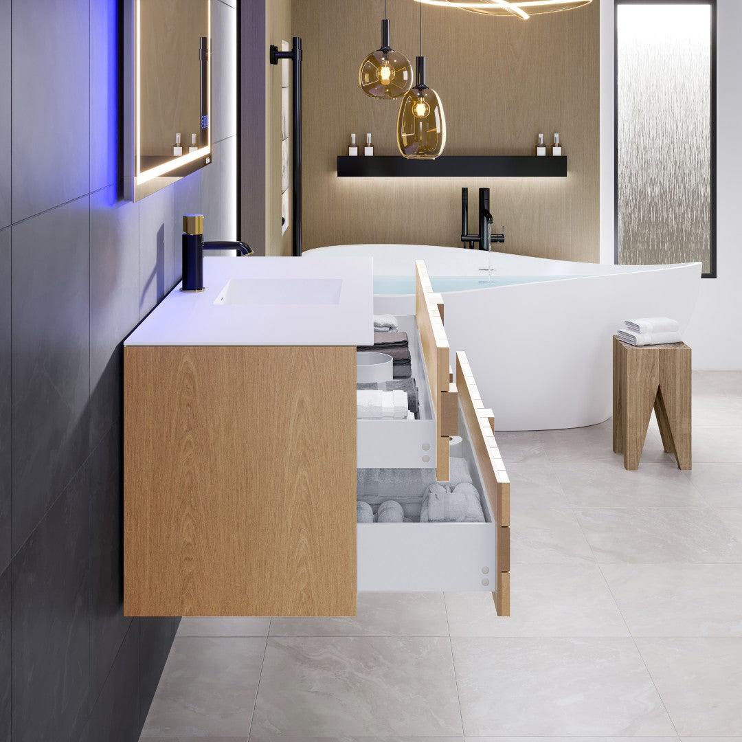 Eviva Mosaic 49"W x 20"D Natural Oak Wall Mount Bathroom Vanity with White Solid Surface Countertop and Integrated Sink