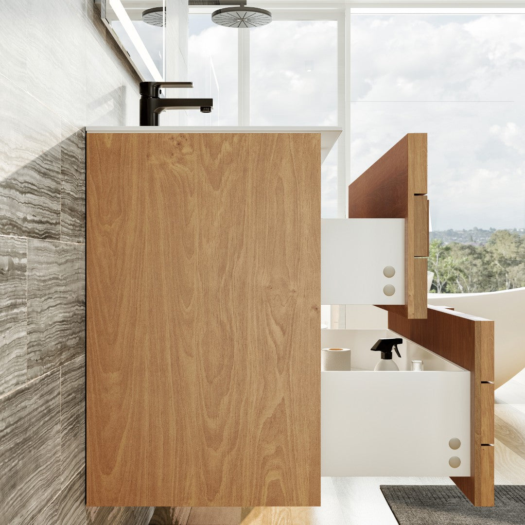 Eviva Mosaic 36"W x 20"D Natural Oak Wall Mount Bathroom Vanity with White Solid Surface Countertop and Integrated Sink