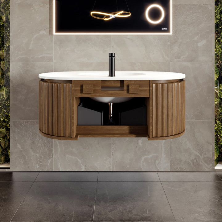 Eviva Haven 39"W x 22"D Medium Oak Wall Mount Bathroom Vanity with White Solid Surface Countertop and Integrated Sink