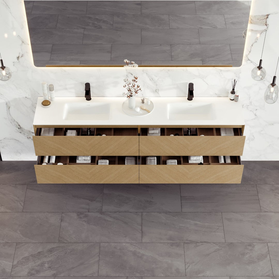 Eviva Lotus 71"W x 19"D Natural Oak Wall Mount Double Sink Bathroom Vanity with White Solid Surface Countertop and Integrated Sinks