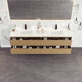 Eviva Lotus 71"W x 19"D Natural Oak Wall Mount Double Sink Bathroom Vanity with White Solid Surface Countertop and Integrated Sinks