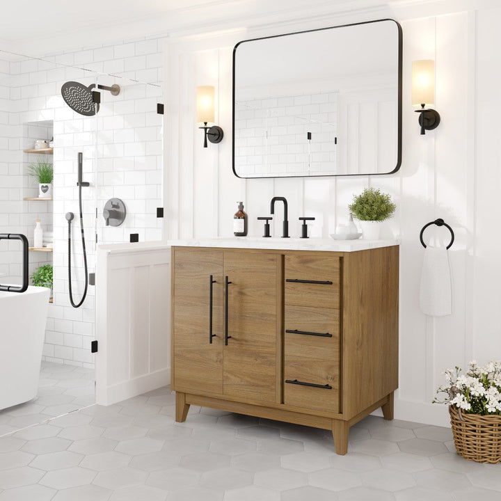 Eviva Graham 36"W x 22"D Oak Bathroom Vanity with White Arabescato Engineered Stone Countertop and Undermount Ceramic Sink