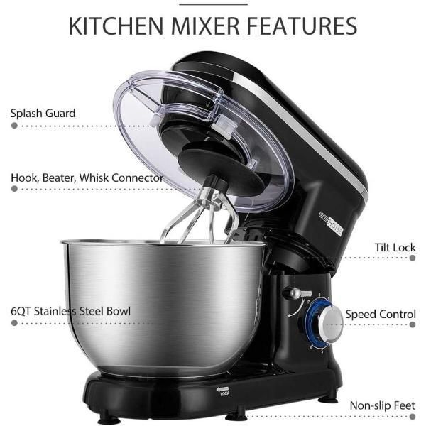 650-Watt 6 Qt. 6- Speed Black Tilt-Head Kitchen Stand Mixer with Beater, Dough Hook and Wire Whip