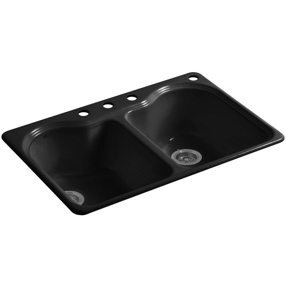 Hartland Drop-In Cast Iron 33 in. 4-Hole Double Bowl Kitchen Sink in Biscuit - Super Arbor