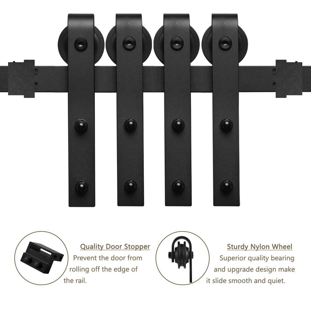 12 ft./144 in. Black Steel Sliding Barn Door Track and Hardware Kit for Double Doors with Floor Guide - Super Arbor