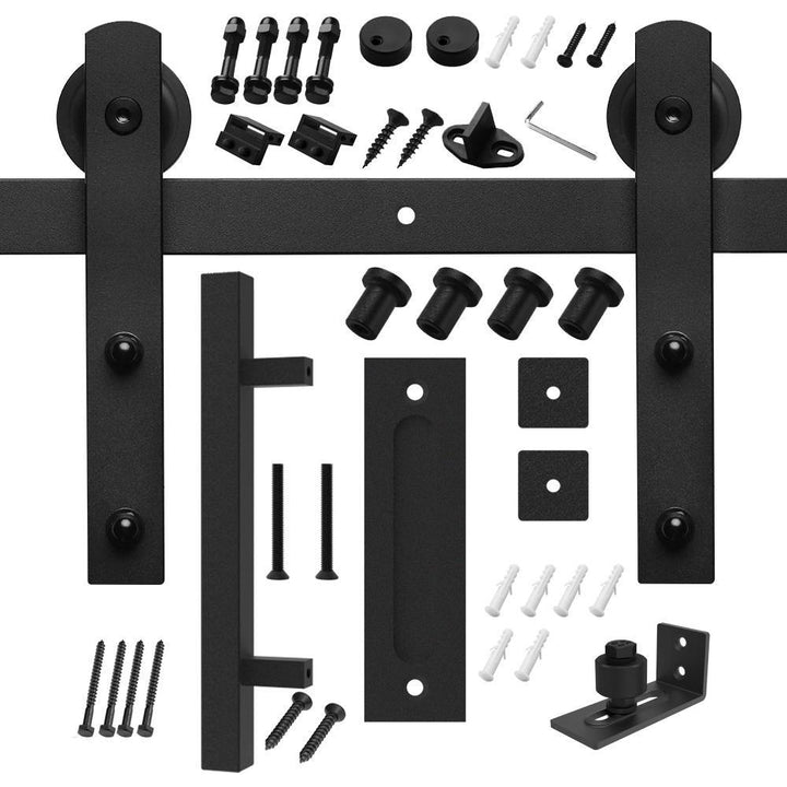 5 ft./60 in. Black Steel Straight Strap Sliding Barn Door Track and Hardware Kit with 12 in. Square Handle & Floor Guide - Super Arbor