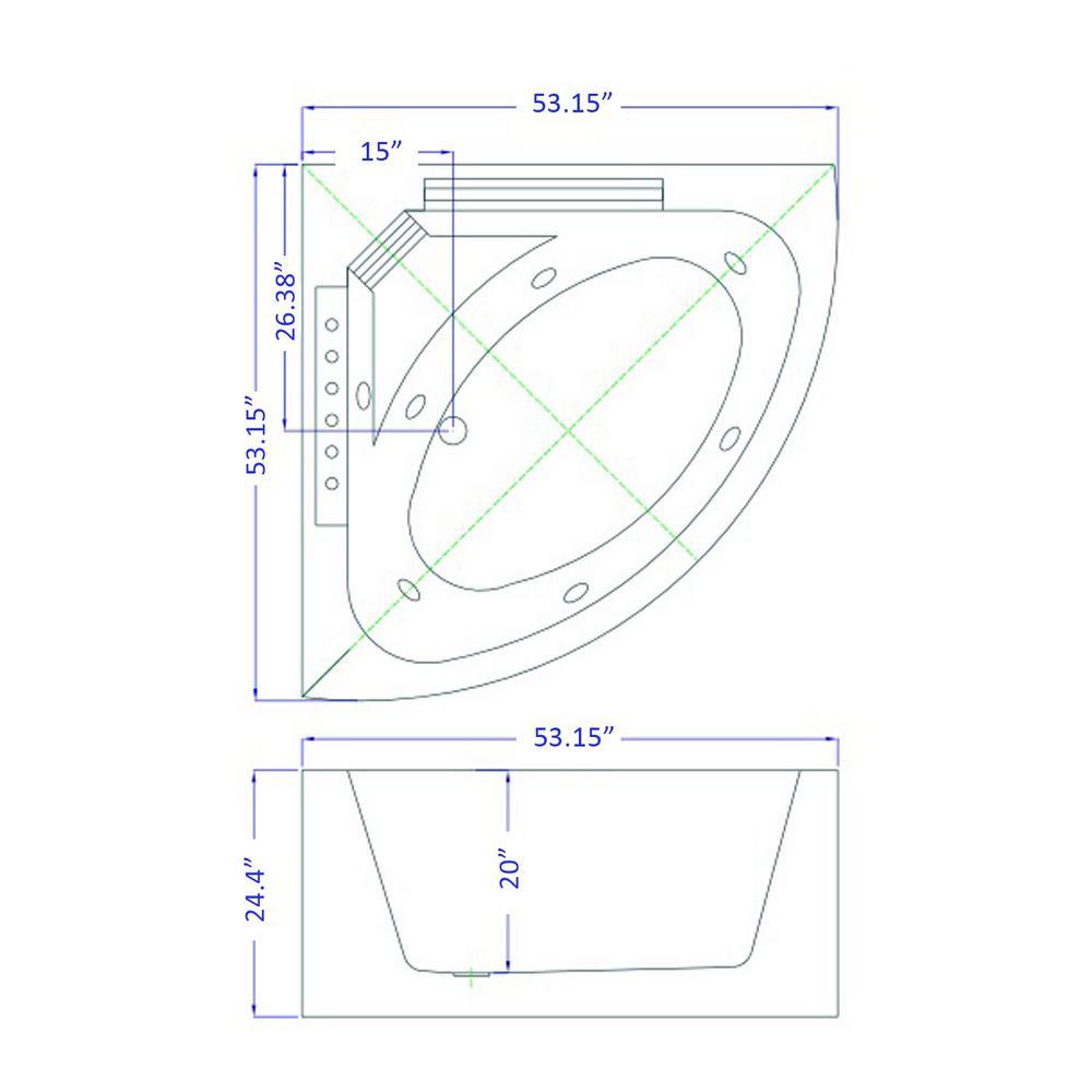 Daisy 53 in. Acrylic Drain Center Corner Alcove Whirlpool Bathtub in White - Super Arbor