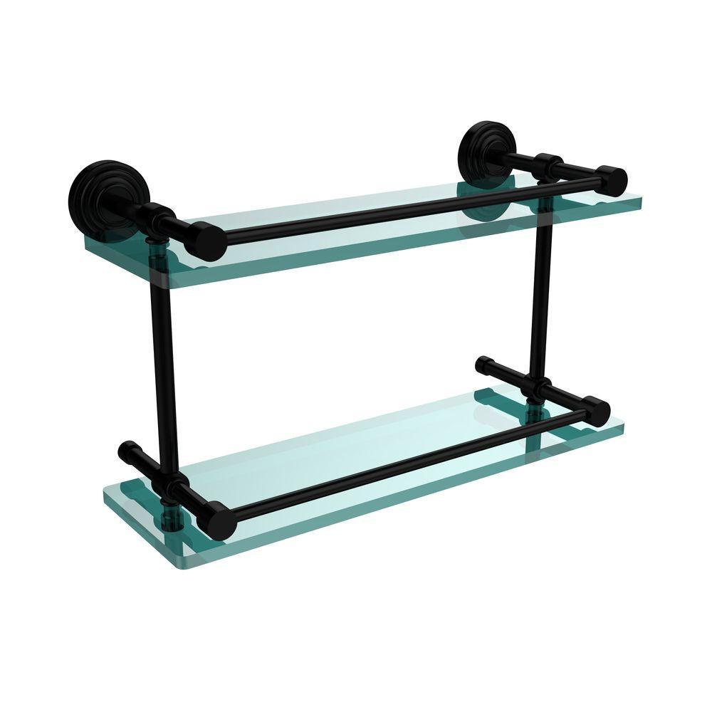 Waverly Place 16 in. L x 8 in. H x 5 in. W 2-Tier Clear Glass Bathroom Shelf with Gallery Rail in Satin Nickel - Super Arbor