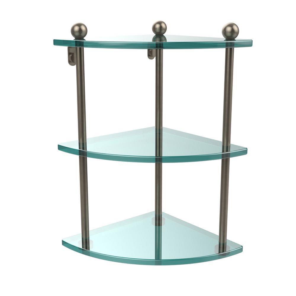 8 in. L  x 15 in. H  x 8 in. W 3-Tier Corner Clear Glass Bathroom Shelf in Satin Nickel - Super Arbor