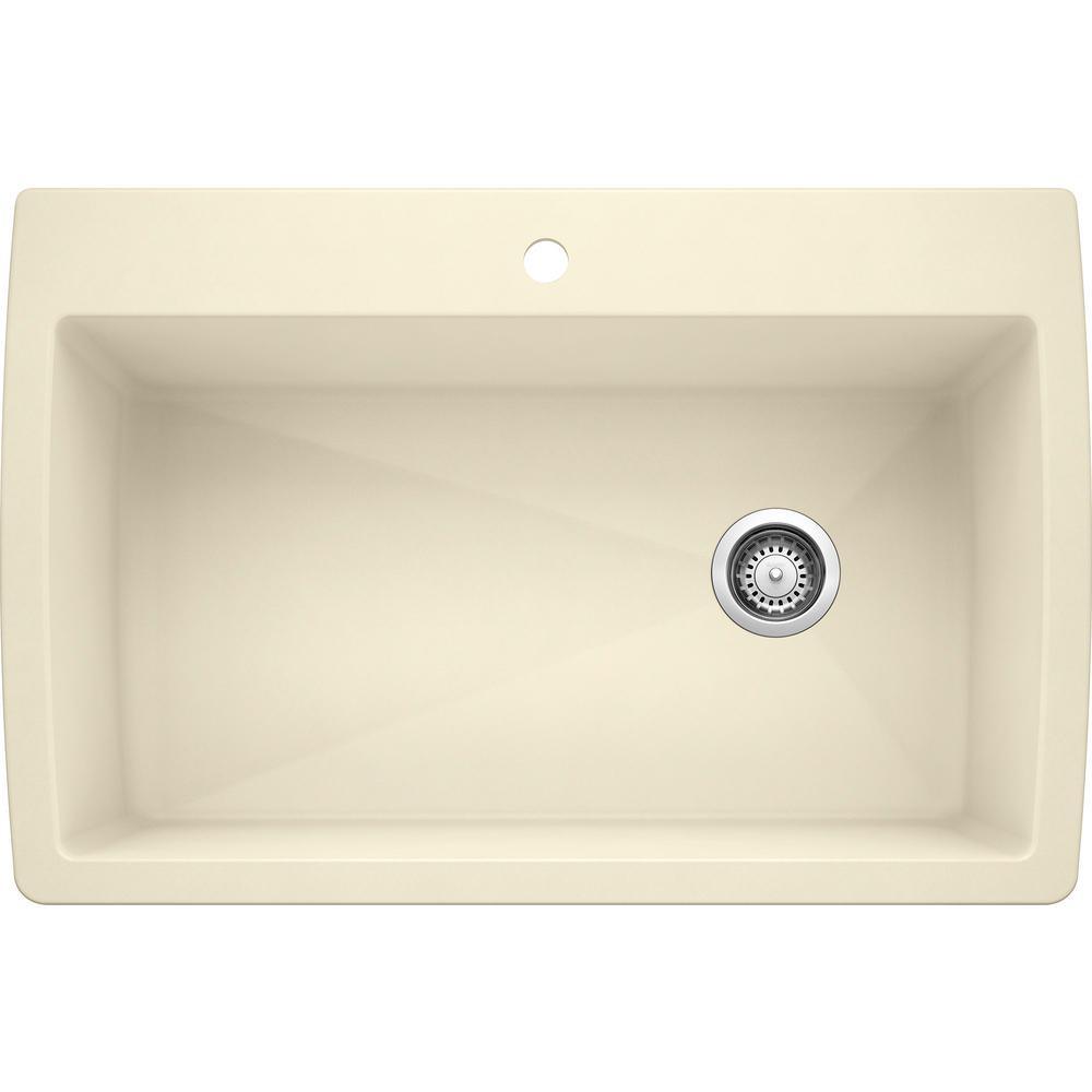 DIAMOND Silgranit Dual Mount Granite Composite 33.5 in. 1-Hole Single Bowl Kitchen Sink in White - Super Arbor